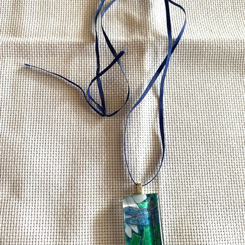 Handmade Vintage Blue and Green Dragonfly Pendant Necklace